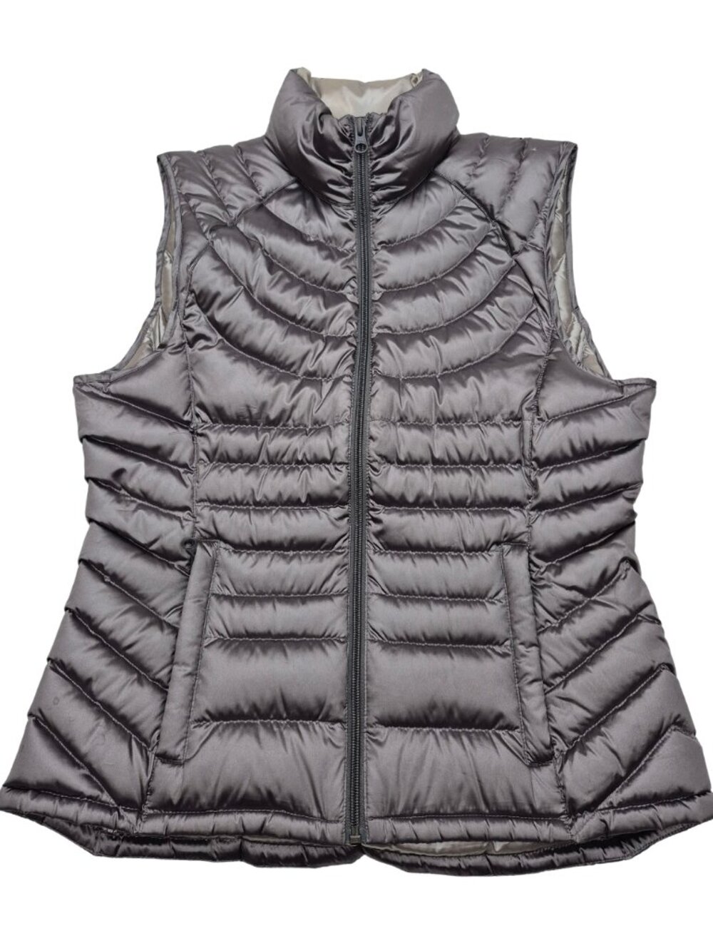 BERNARDO Womens Puffer Vest Sz Small Goose Down Metallic Gray Full Zip